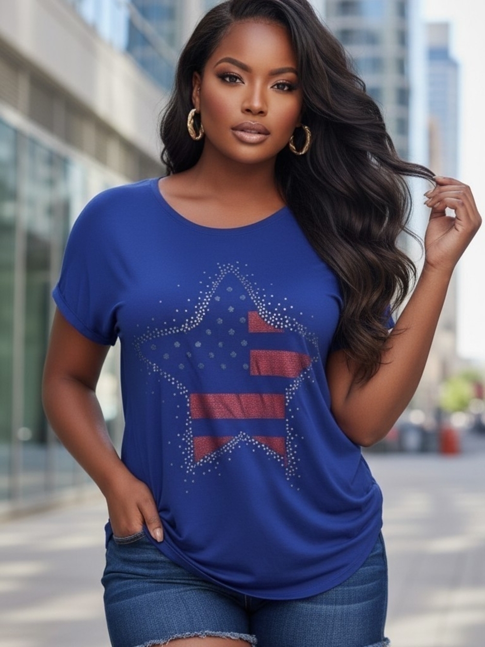 APT. 9 Blue Patriotic Rhinestone Star Tee Large Flag 4th July American (EUC)